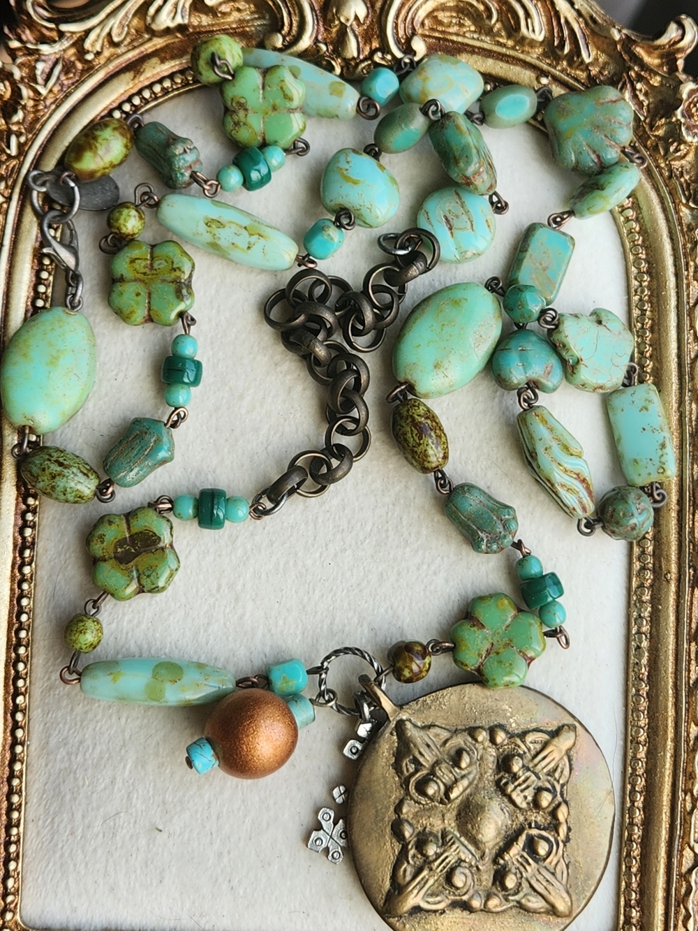 Julio Signed Brass Medallion Chunky Turquoise Glass Bead Boho Necklace